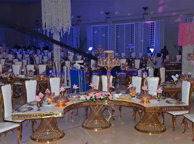 Latest China Manufacturer Dreamlike Gold Metal Frame Glass Wedding Dining Table for Events