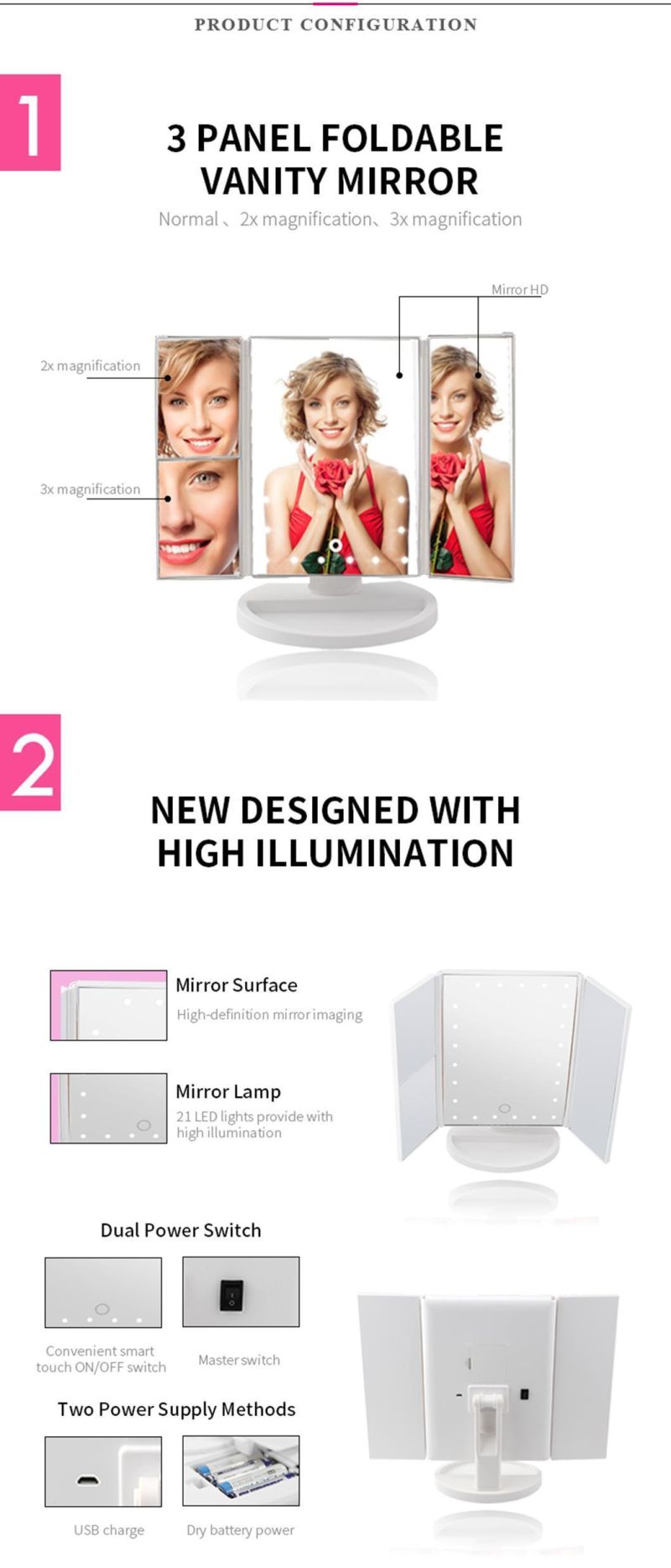 Pritech Foldable Desktop Cosmetic Makeup Mirror with LED Light