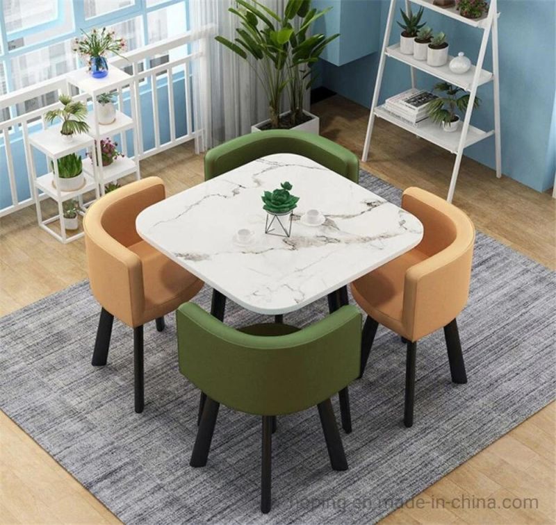 Hotel New Design Wood White Dining Room Furniture Set 4 6 8 Chairs Wooden Marble Top Restaurant Coffee Table and Chair