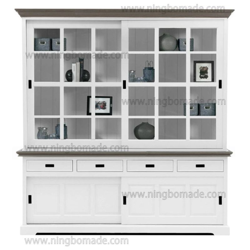 Romantic Rural Interior Furniture Grey Oak Top White Poplar Wood Base Big Moving Doors Bookcase