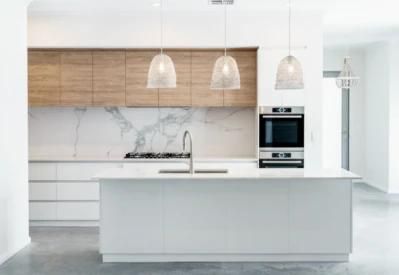 Wooden Grain Flat Panel White Joinery with Island Modern Furniture Kitchen Cabinets