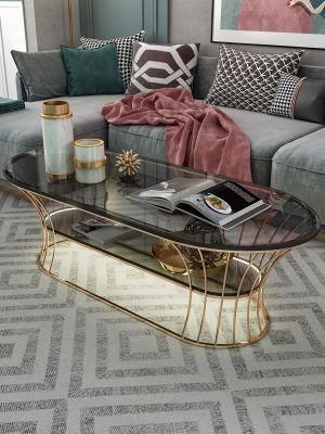 Glass Coffee Table Nordic Minimalist Modern Wrought Iron Small Apartment Living Room Double-Layer Oval Home Creative