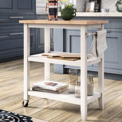 Home Use Rubber Wood Top Little White Painting Rolling Microwave Kitchen Cart