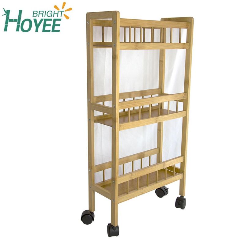 Natural Bamboo Serving Rack Rolling Kitchen Trolley Cart