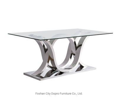 Unique Design Stainless Steel Triple U Base Dining Table with Glass Top