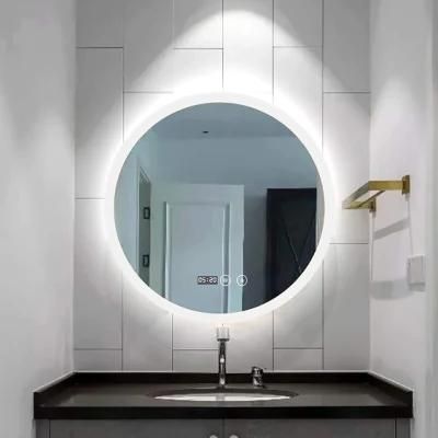 Home Hotel Bathroom Living Room Decor Round LED Mirror Backlit Wall Mounted Mirror with Clock, Antifog, Dimmer and Touch Sensor