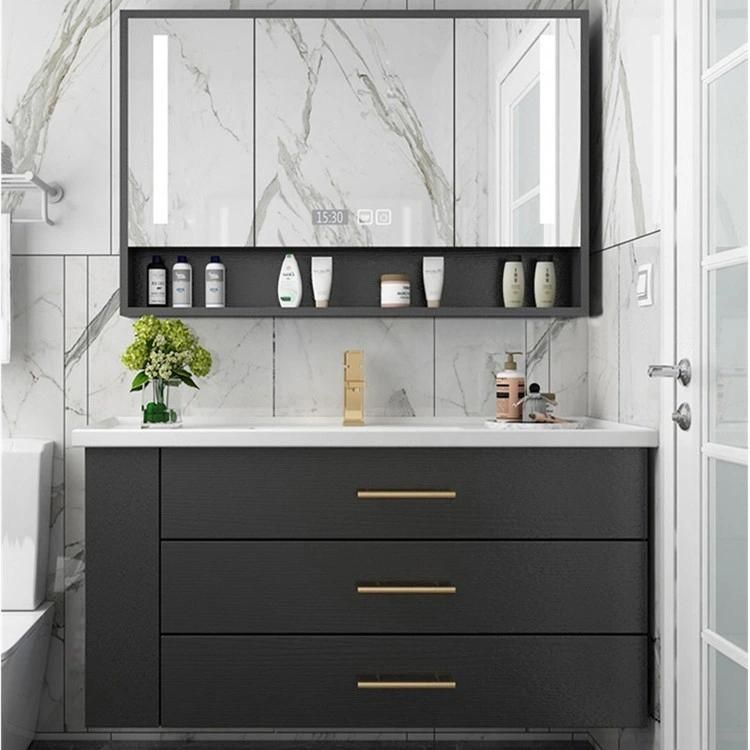 Black Plywood Bathroom Vanity with LED Luxury Storage Mirrored Cabinet, Defogging