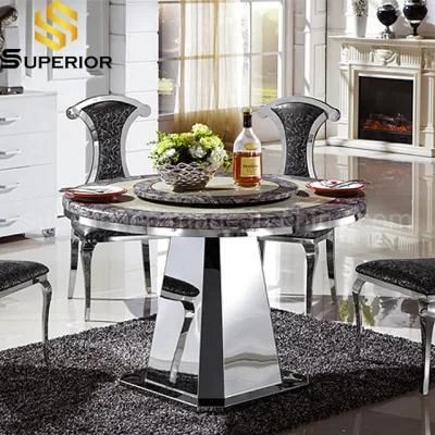 Modedrn Round Marble Dining Table Set Silver Stainless Steel Table