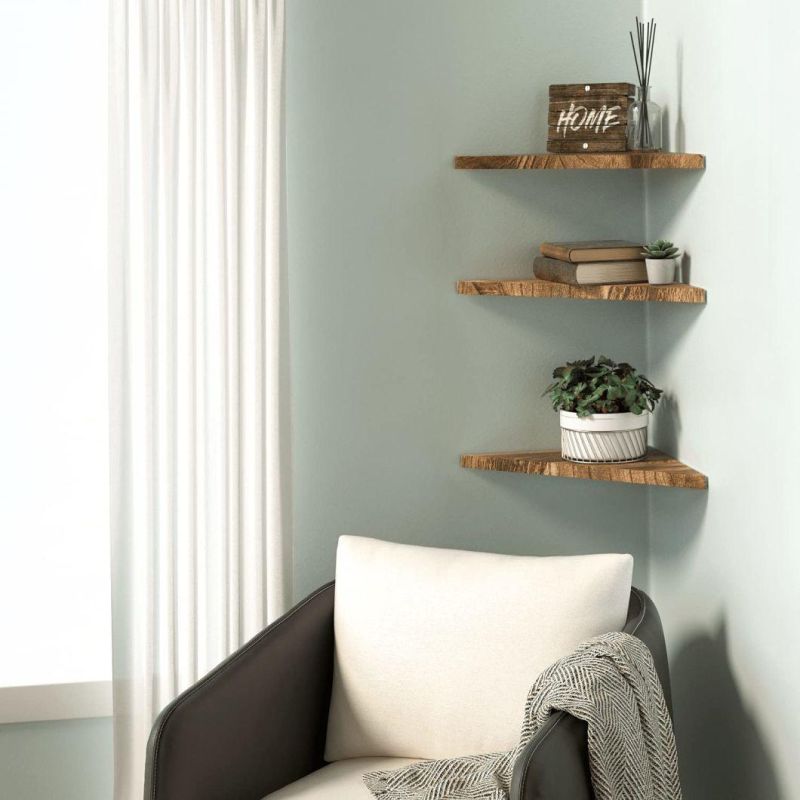 Wall Mounted Rustic Wood Straight Edge Corner Shelf Storage Rack, Bookcase, Floating Shelves Home Decor for Bedroom, Living Room, Office and Kitchen