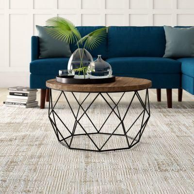 Wood Chestnut Brown Modern Round Coffee Accent Table with Metal Base Living Room Furniture