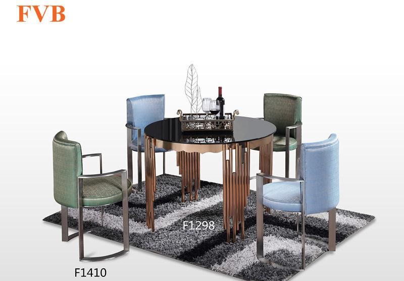 Luxurious Home Furniture Dining Set Marble Table with Rose Metal Frame 6 Chairs Leather