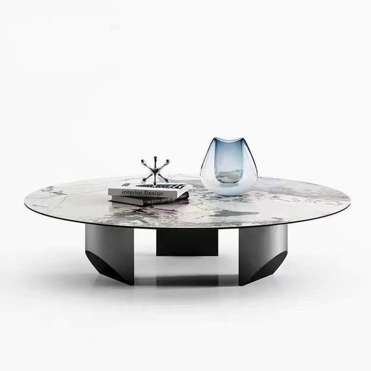 Home Furniture Titanium Round Grey Marble Rock Plate Coffee Table