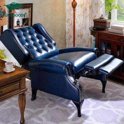 Blue PU Leather Electric Recliner Buttons Luxury Living Room Foshan Furniture