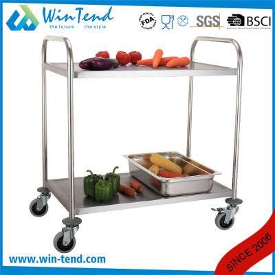 Stainless Steel Hand Pushing 2 Tiers Full Size Kitchen Catering Trolley with Wheels