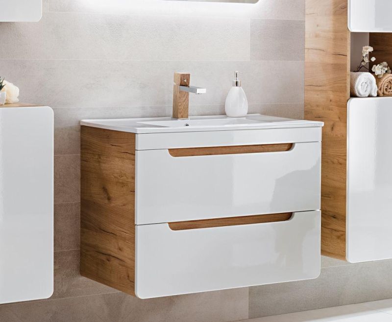 600mm Oak Modern Wall Vanity with Sink Bathroom Cabinet Unit Drawers