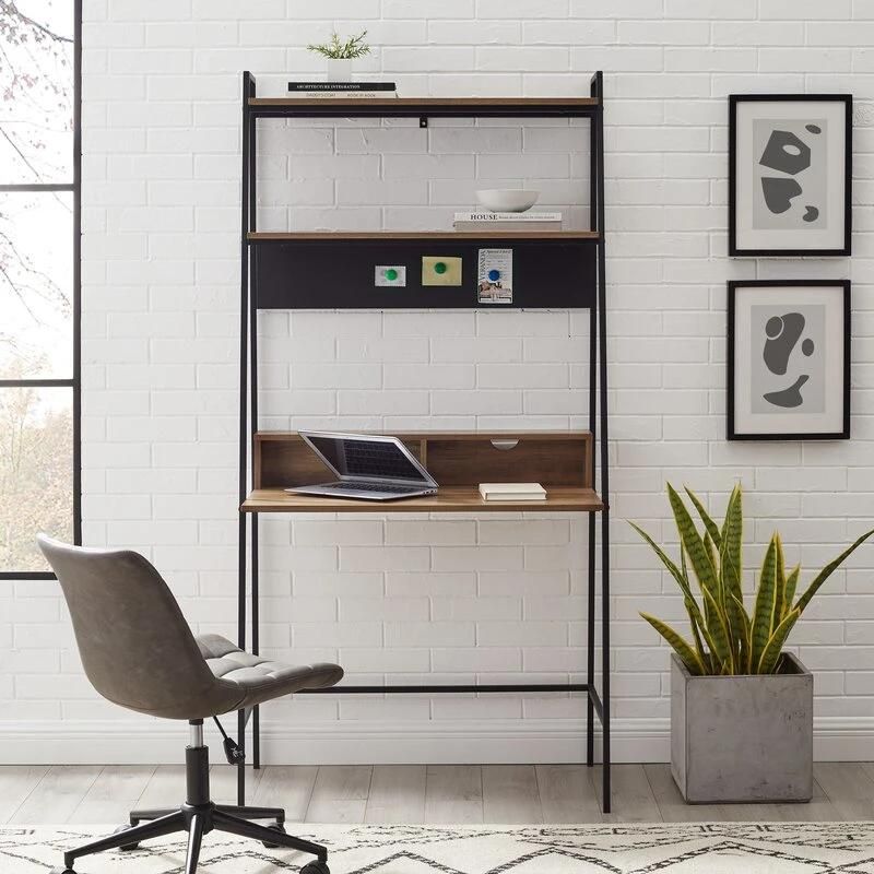Industrial Style Metal Legs Wood Writing Study Table Home Office Desk with Storage Shelves 2-Tier Bookshelf