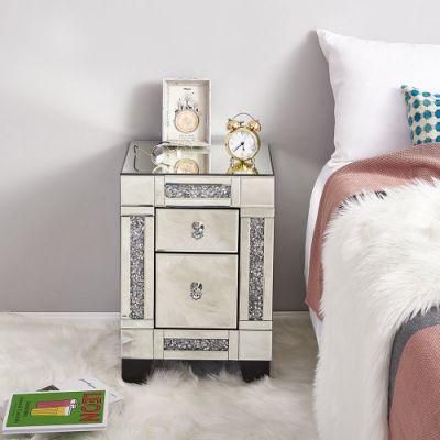 Crystal Mirrored Glass Bedside Table Cabinet 2 Drawers Furniture