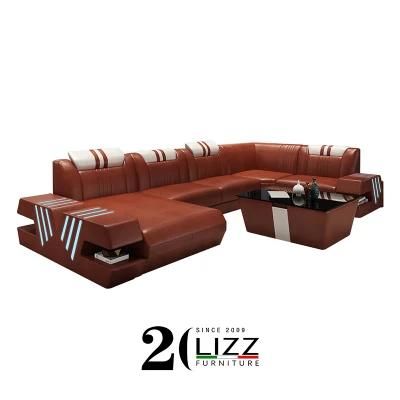 Modern LED Living Room Furniture Set Genuine Leather Sectional Leisure Sofa with Coffee Table &amp; TV Stand