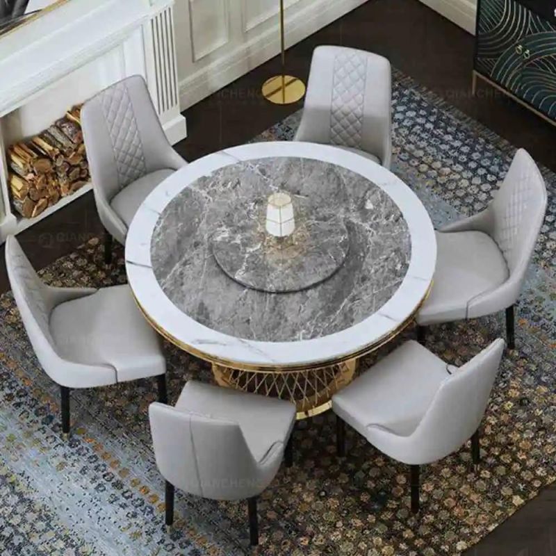 Modern Steel Frame Round 8 Seater Marble Top Dining Table Set