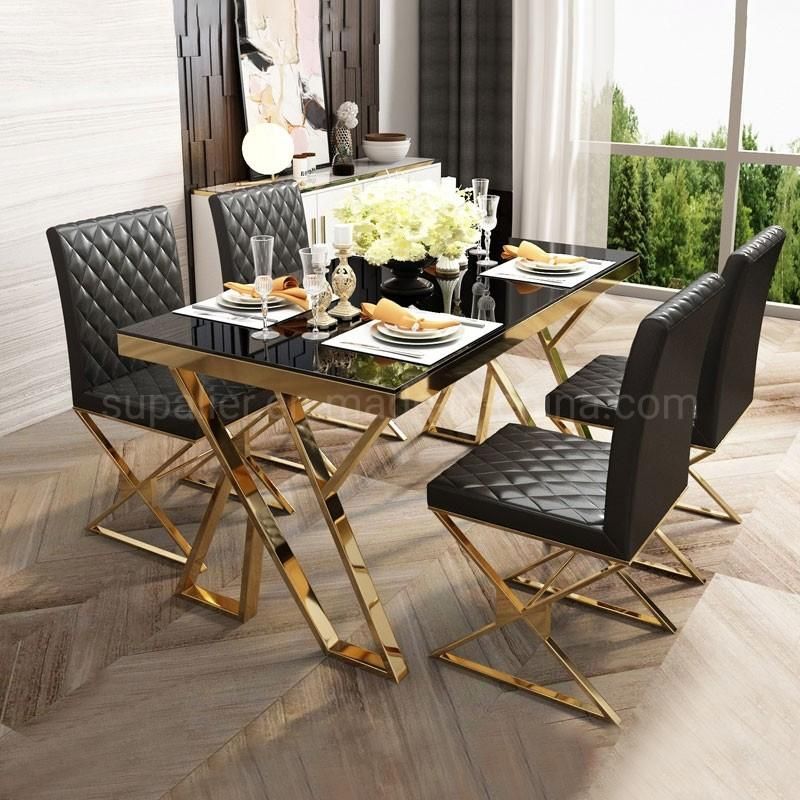 Hot Selling Dining Furniture Gold Frame Black Glass Dinner Table