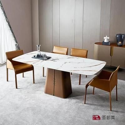 Modern Living Room Rock Board Furniture Four Legged Metal PU Leather Dining Table