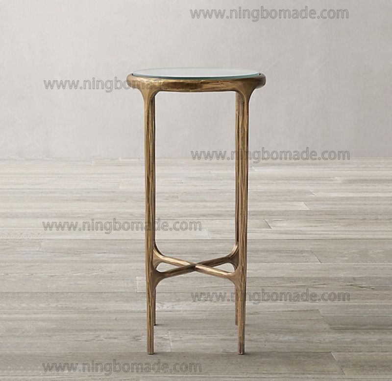 Rustic Hand Hammered Collection Furniture Forged Solid Iron Metal with Brass Color Thick Tempered Glass High Round Side Table