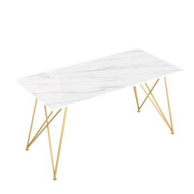 Home Furniture Tempered Glass Imitation Marble Top Dining Table with Golden Frame