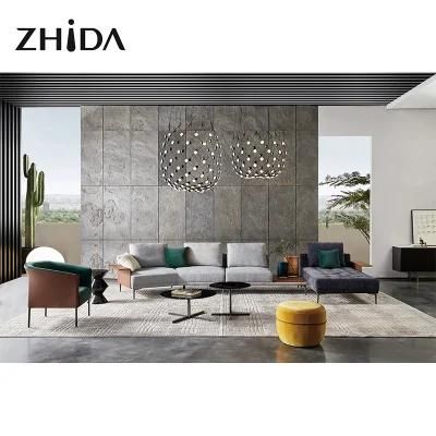 Zhida Home Furniture Italian Design Villa Living Room Modern Modular Couch Set Fabric L Shape Sectional Sofa with Leather Armrest