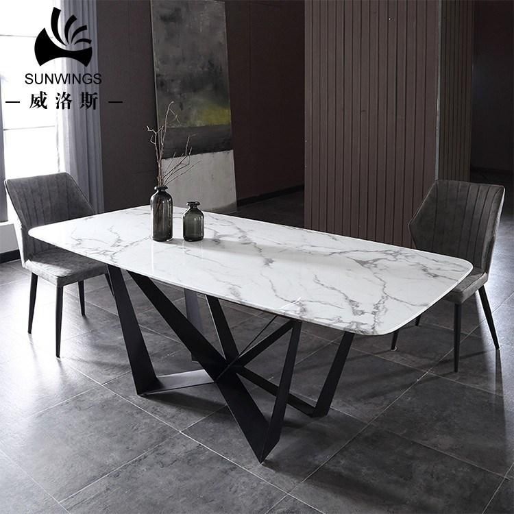 Italian Carrara Natural Marble Dining Table with Metal Base