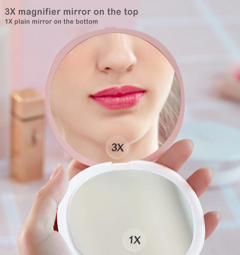 Hot Selling Rechargeable Portable LED Pocket Mirror 3X Magnifying Mirror Round Mirror