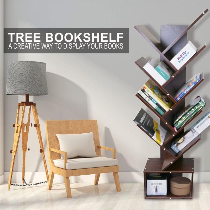 Tree Bookshelf with Drawer Rustic Brown Bookcase 9-Tier Book Rack Free Standing Book Storage Shelves, Wooden Rack Shelves