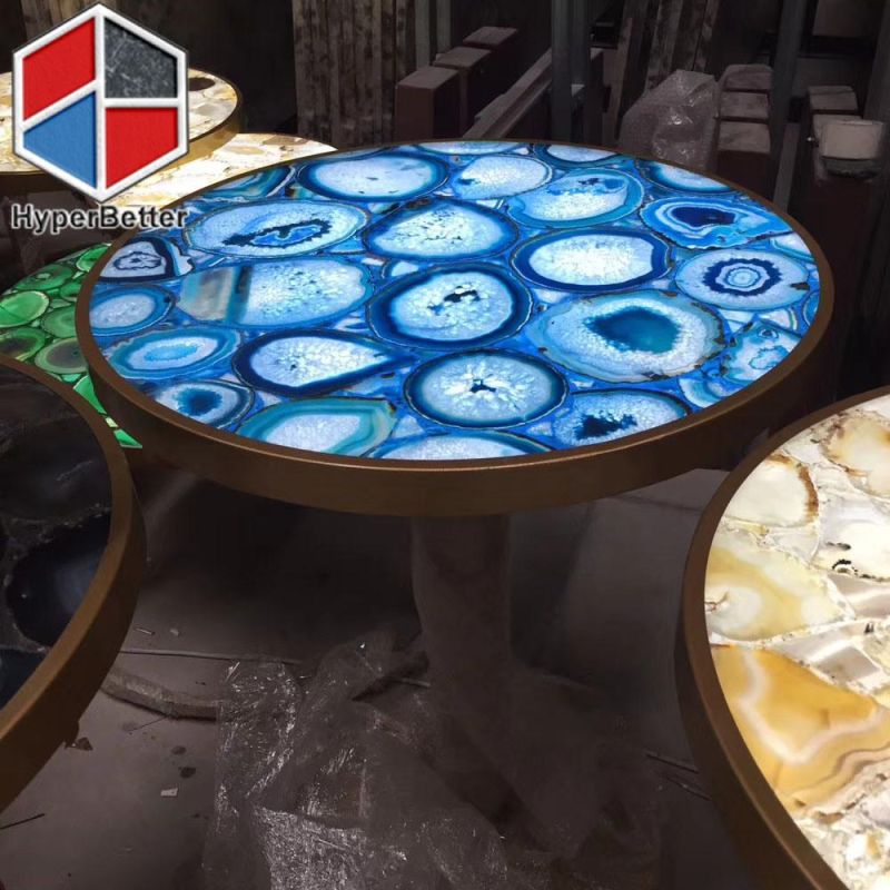 Black Agate Coffee Tables Round with LED Light Inside