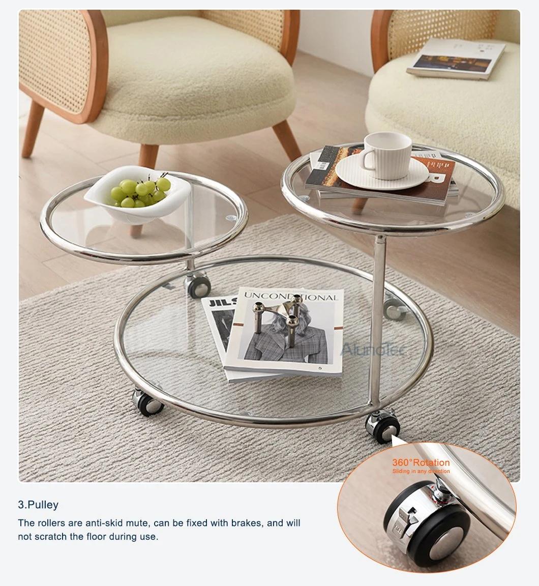 Best Price Tempered Glass Round Table Moving with Wheels