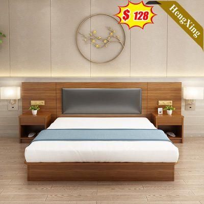 Luxury Hotel Curved Fabric Bedroom Furniture Double Beds King Size Slat Wooden Sofa Bed with Nighstand