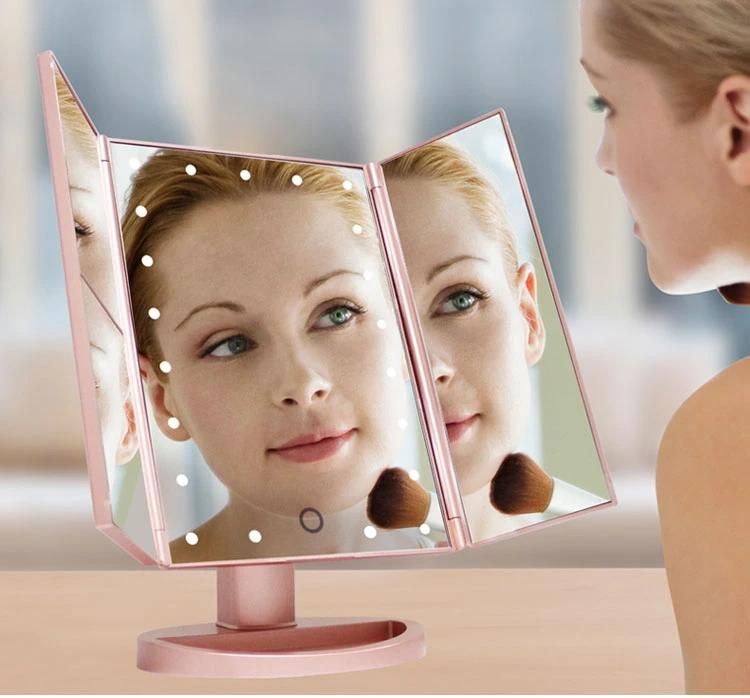 Top-Rank Selling Trifold LED Makeup Dimmable Brightness Household Mirror Product 2X 3X Magnifying Mirror