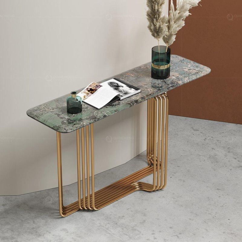 Console Luxury Modern Metal Green Marble Top Hallway Table