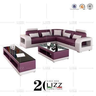 Exclusive European Style Italian Top Grain Leather Purple Sofa Set with TV Stand and Coffee Table