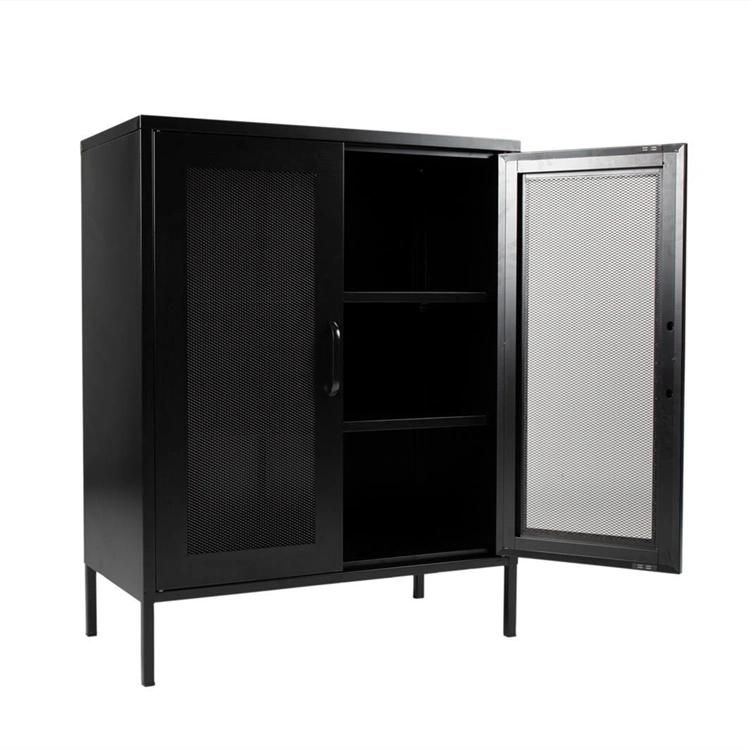 Luxury Modern Living Room Mesh 2-Door Accent Cabinet Metal Cabinet Black with Powder Coated