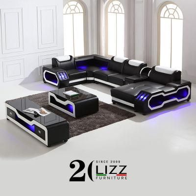 American LED Light Functional Modern Living Room Furniture Home Leather Sectional Sofa with Bluetooth &amp; USB Charger