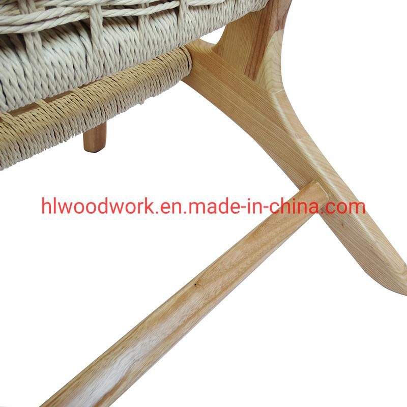 Saddle Chair Ash Wood Frame Natural Color with Woven Fabric Rope Without Arm Leisure Chair Outdoor Furniture