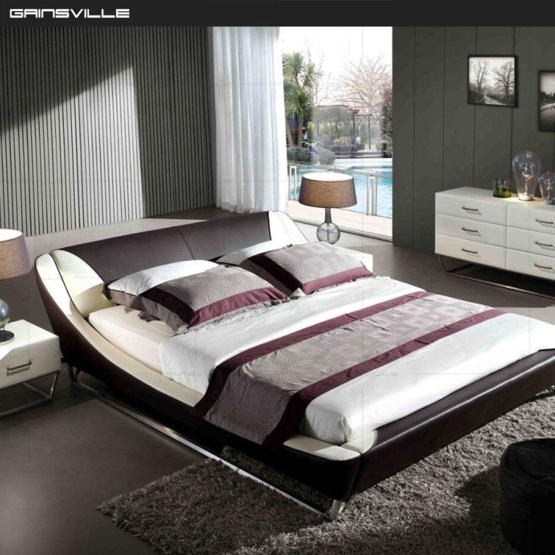 Cream Brown Color Wooden Furniture Bedroom Furniture Set PU Leather Upholstered Wall Bed