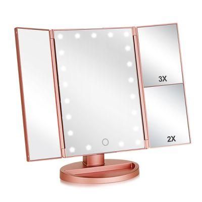 Pritech Amazon Top Seller Vanity LED Lighted Travel Makeup Mirror Desktop Trifold Magnified Makeup Mirror with Lights