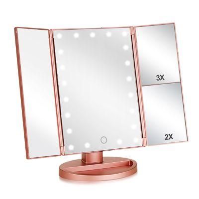 Pritech Amazon Top Seller Vanity LED Lighted Travel Makeup Mirror Desktop Trifold Magnified Makeup Mirror with Lights