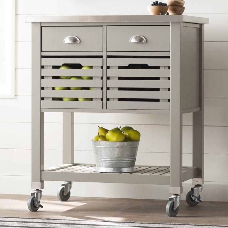 American Home Styles Gray UV Painting 2-Drawer Wood Kitchen Cart with Stainless Steel Top
