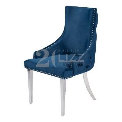 Tufted Button Design Modern Simple Hotel Home Stainless Steel Legs Dining Room Blue Fabric Chair