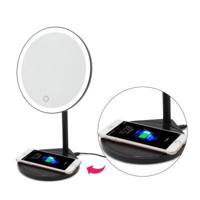 LED Smart Round Desk Lamp Makeup Mirror with Wireless Charger