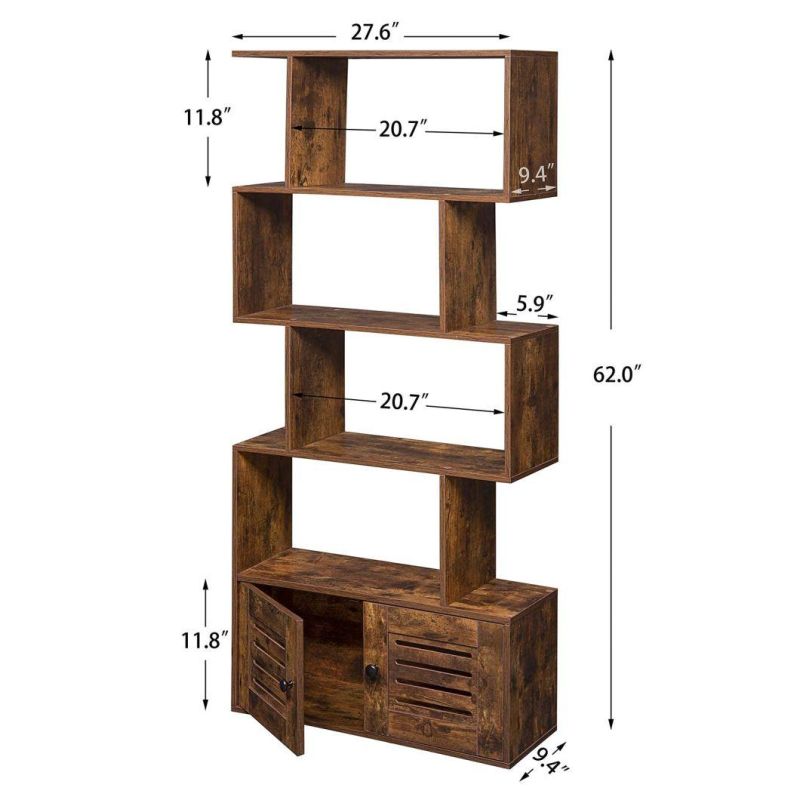 5-Tier Wooden Geometric Bookcase, Bookshelf with Doors, S-Shaped Display Shelf with Cabinet, Freestanding Decorative Storage Shelving for Living Room