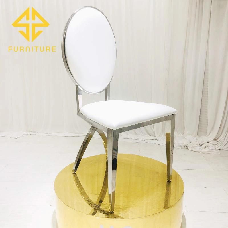 2021 Hot Selling White Waterproof Leather Stainless Steel Furniture Silver Cross Foot Stainless Steel Wedding Banquet Chair