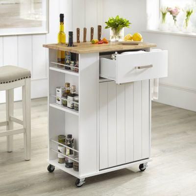 American Home Styles Antique White Painting Rubber Wood Top Kitchen Trash Cart with 1 Drawer 1 Door
