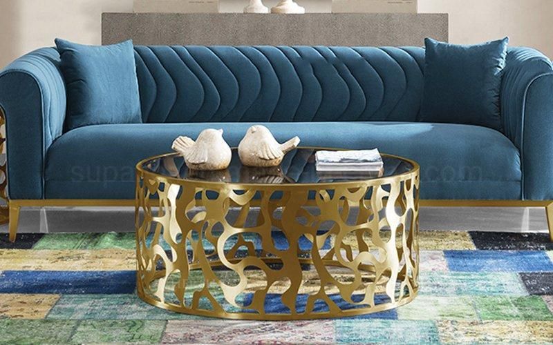 Dubai Round Glass Brass Gold Steel Laser Cut Coffee Table